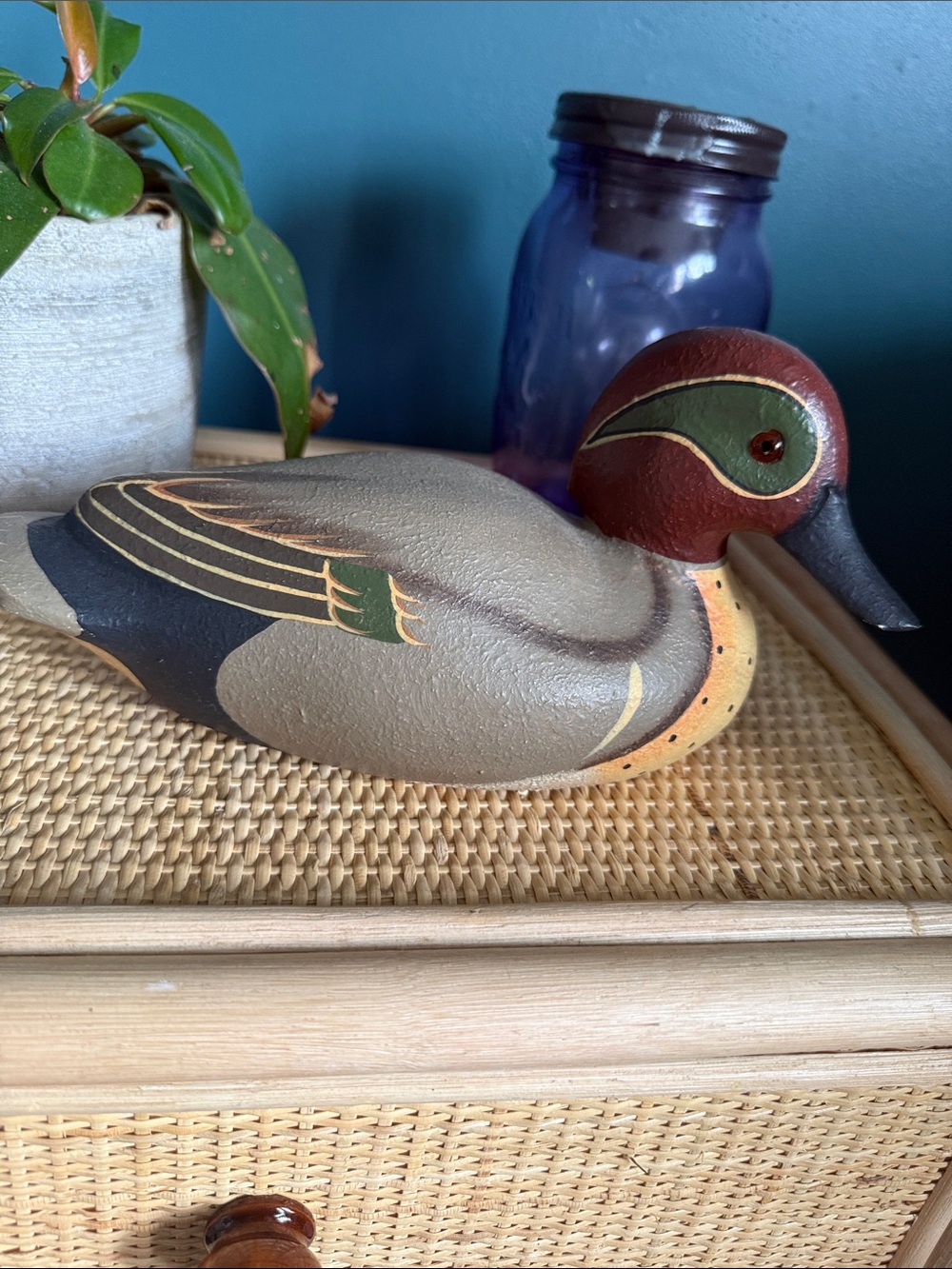 Vintage DUCKS UNLIMITED 9.5" Wood Carved Hand Painted Green-Winged Teal Decoy